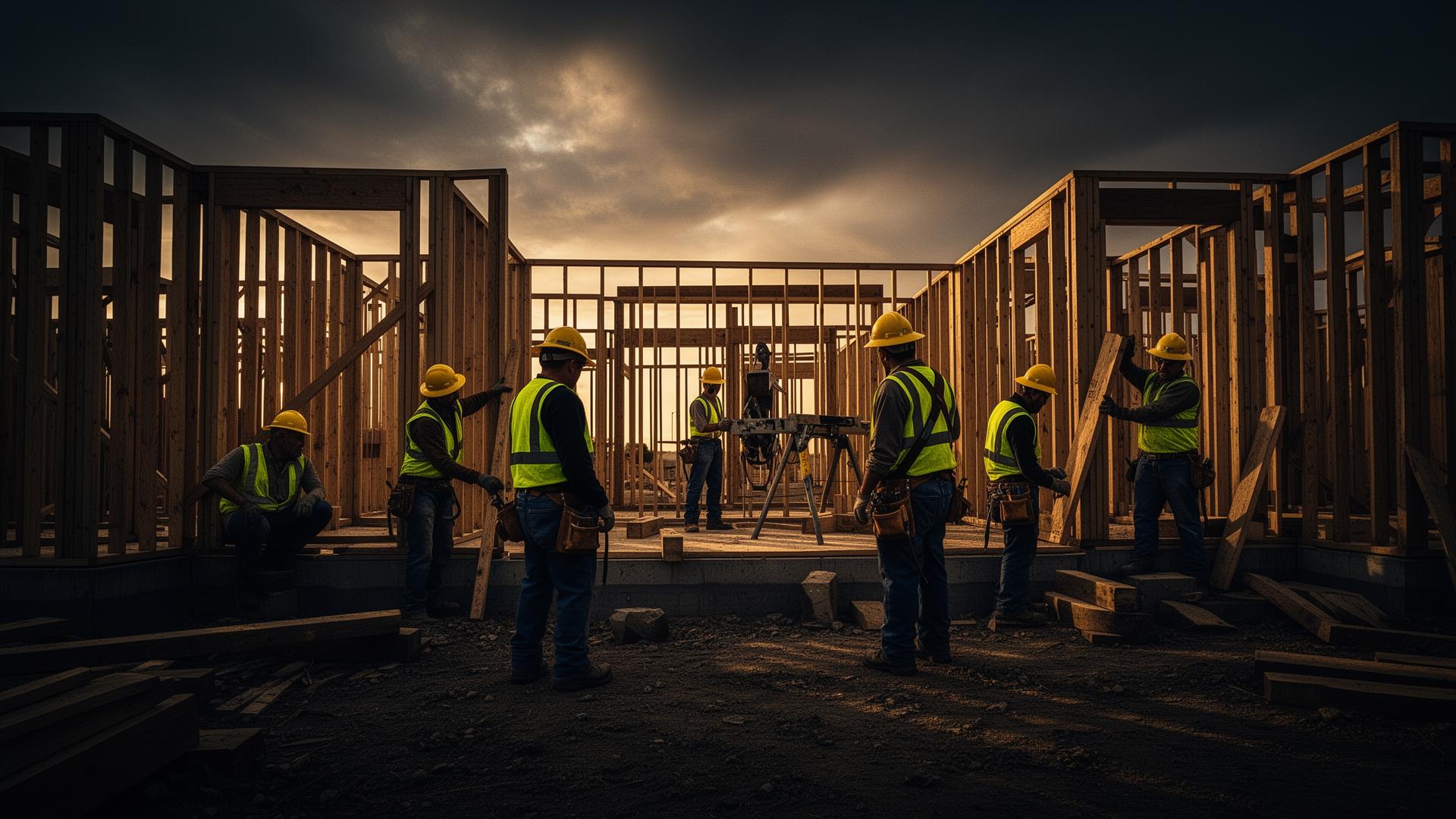 General contractor crew framing a building at sunset wearing yellow hard hats
